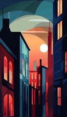vintage vector style illustrations industrial buildings under the enchanting midnight sky.
