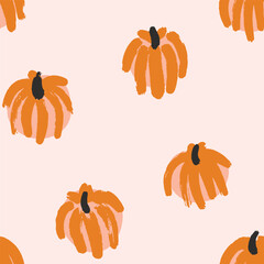 Cute handpainted pumpkins forming a seamless vector pattern in a color palette of terracotta orange,black and cream. Great for home decor, fabric, wallpaper, gift-wrap, stationery and packaging


