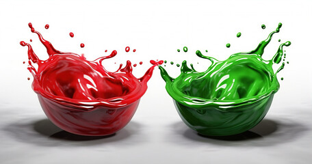 two colorful paints and paint drops falling as liquid onto white background