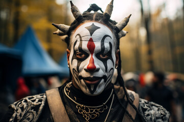 "Portrait of a Juggalo in Detailed Makeup: Authentic Representation of Insane Clown Posse Fan Culture, Perfect for Halloween, Events, and Music Enthusiasts