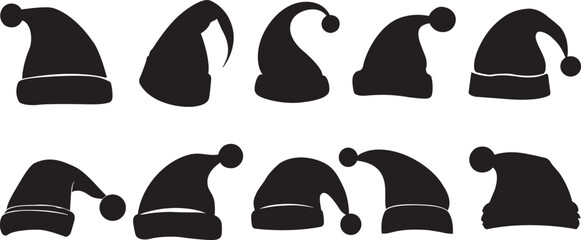 Santa hat silhouettes set. Santa hat icons set. Vector illustration