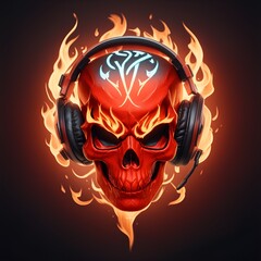 fire skull head wearing gamer head set, esport gaming mascot and logo, AI generated