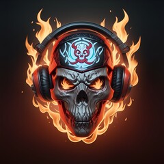 fire skull head wearing gamer head set, esport gaming mascot and logo, AI generated