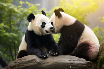 A pair of pandas are kissing