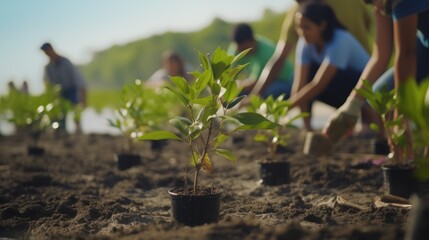 Group of volunteers planting mangrove forests, earth day and save the world.