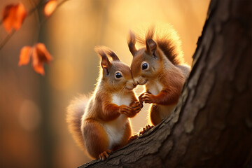 a pair of squirrels are kissing - obrazy, fototapety, plakaty