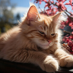 Serene Orange Cat Amidst Blooming Pink Flowers,Sleepy cat, spring flowers and kittens