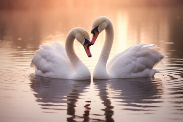 a pair of swans are kissing