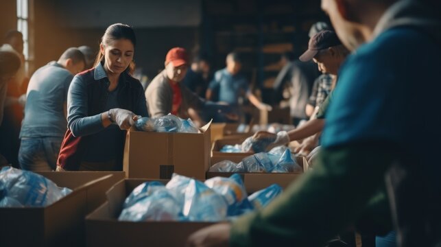 Team of volunteers working in charity donation center to the victims, humanitarian concept.