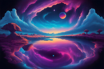a painting of a purple and blue vortex in the sky, surreal colors, surreal space, cosmic colors. ai generative