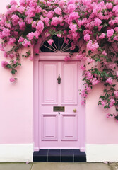 Enchanted Entry: A Pink Door Amidst a Floral Wonderland,pink door with flowers,door in the garden