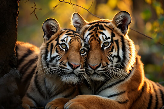 a pair of tigers are kissing