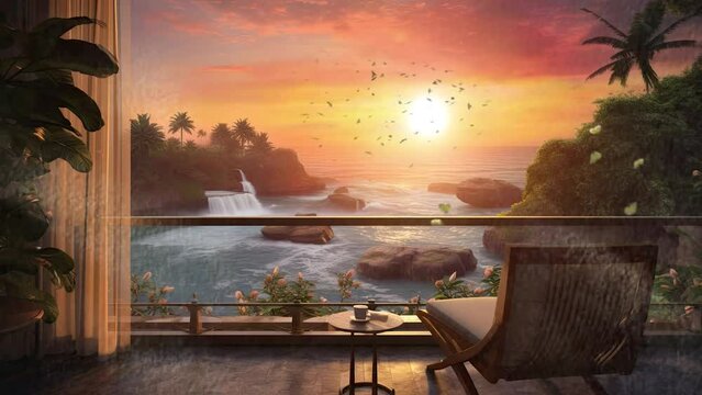  Morning Magic: Beach, Waterfall, and Sunrise from the Balcony. seamless looping time-lapse virtual video animation background.
