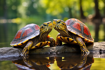A pair of turtles are kissing