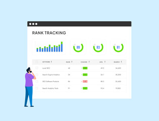 SEO Rank Tracking - monitor positions of keywords, domains, check website rankings, analyze SERPs and audit website. Rank tracker vector isolated illustration on blue background with icons - obrazy, fototapety, plakaty