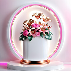 Empty pedestal Mixed between high gloss white and pink gold materials. with a neon effect. ai generative
