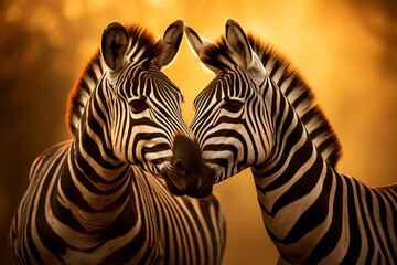 a pair of zebras kissing