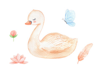 Watercolor beige cute swan and blue butterfly. Hand drawn cartoon illustration for children. Feather and pink flower