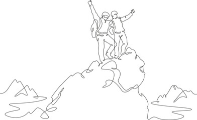 Fototapeta na wymiar Climbers at the top. Climbing in the mountains in a group. Mountaineering.Mountain climb.Scenery. Hiker helping friend reach the mountain top.One continuous line. Linear. Hand drawn, white background