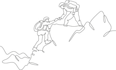 Fototapeta na wymiar Climbers at the top. Climbing in the mountains in a group. Mountaineering.Mountain climb.Scenery. Hiker helping friend reach the mountain top.One continuous line. Linear. Hand drawn, white background