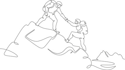 Climbers at the top. Climbing in the mountains in a group. Mountaineering.Mountain climb.Scenery. Hiker helping friend reach the mountain top.One continuous line. Linear. Hand drawn, white background