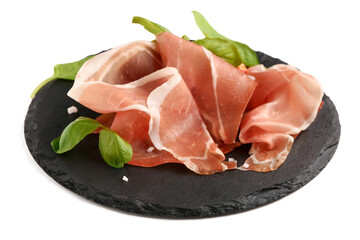Board with slices of tasty prosciutto, basil and figs on white background
