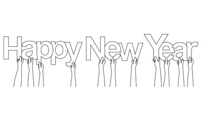 Hands holding letters as the words of Happy New Year line art vector.