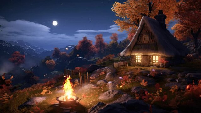 christmas night in the village On an autumn night, close-up of a low thatched cottage on the mountain.  seamless looping time-lapse virtual 4k video animation background.	