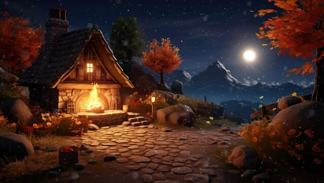 christmas night in the village On an autumn night, close-up of a low thatched cottage on the mountain.  seamless looping time-lapse virtual 4k video animation background.	