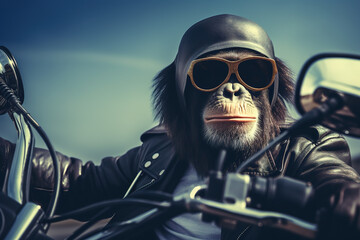 Image of cool chimpanz monkey wearing sunglasses is riding a chopper motorcycle. Animal., Illustration, Generative AI. - obrazy, fototapety, plakaty