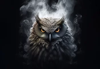 Tuinposter Image of an angry owl face with fire smoke on black background. Bird, Wildlife Animals. Illustration, Generative AI. © yod67