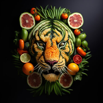 Image of tiger face made with vegetables and fruits on clean background. Wildlife Animals. Illustration, Generative AI.