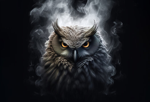 Image of an angry owl face with fire smoke on black background. Bird, Wildlife Animals. Illustration, Generative AI.