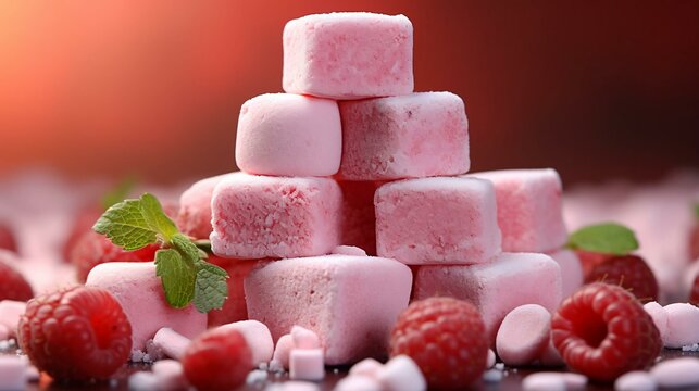 Pink sweet delicious berry dessert marshmallow with cherry and raspberry