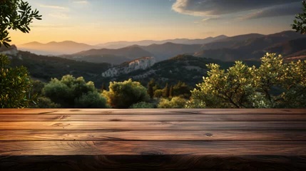 Fotobehang Wooden floor surface made of natural boards against the backdrop of forest and mountain nature © Aliaksandra