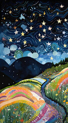 Starry Night Over a Rolling Hillside,landscape in the night,landscape with rainbow,landscape with mountains Colorful Children's Illustrations