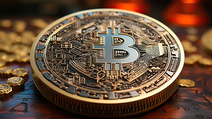 Golden Bitcoin: A Close-Up View,one bitcoin,close up of a bitcoin - obrazy, fototapety, plakaty