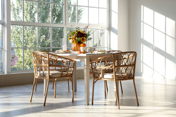 Light room with bouquet of autumn flowers in pumpkin on served dining table
