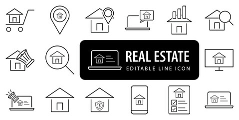 Real Estate set of web icons in line style. Realty icons for web and mobile app. Purchase and sale of housing, property, rental premises, insurance, realty, home loan Editable and Modern Design Icon.