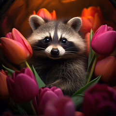 Adorable Raccoon Amidst a Vibrant Floral Bloom