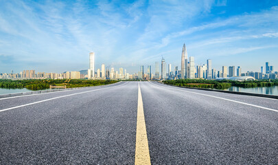 Shenzhen city skyline and asphalt road background