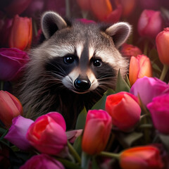 Obraz premium Adorable Raccoon Amidst a Vibrant Floral Bloom
