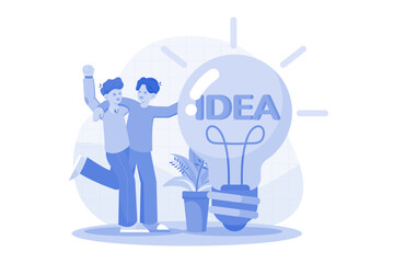 Fototapeta premium Two Guys Came Up With An Idea By Pointing At A Big Light Bulb