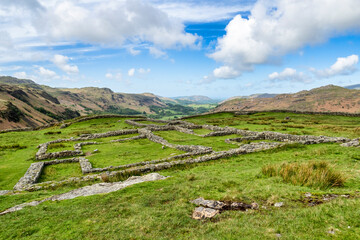 The remains of the Roman fort at Mediobogdum, Hardknott Pass , Cumbria, looking down Eskdale.