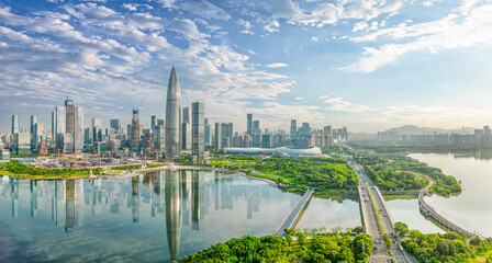 Aerial view of Shenzhen city skyline and river natural scenery
