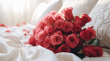 Wedding day roses on a white bed.