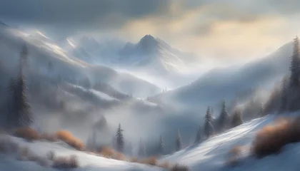 Deurstickers 壁紙風景素材 雪山【好天の兆し】淡い水彩画風 © Shoithi