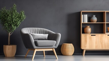 Grey barrel chair against of window and wooden shelving unit and cabinet on dark wall. Scandinavian style interior design of modern living room