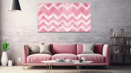 pink sofa and pink chevron pattern on the background wall