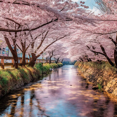 Fototapeta premium A Tranquil Journey through a Cherry Blossom Pathway,spring in the park,blossom tree in spring